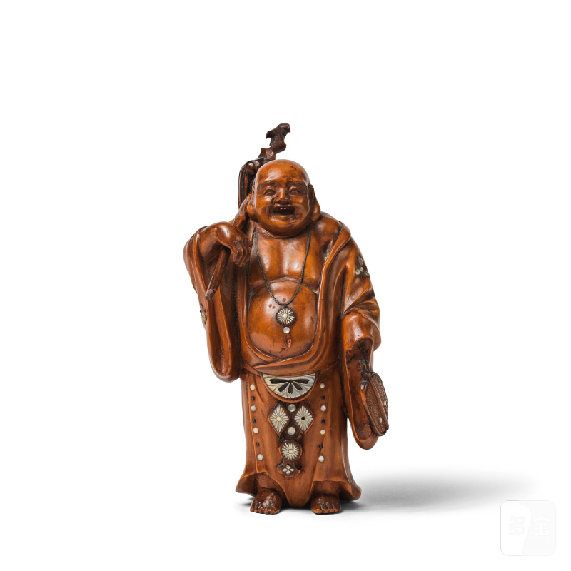 日本 明治/昭和時代 黃楊木錯銀錯螺鈿菩提達摩像 | STATUETTE DE BODHIDHARMA EN BUIS ET INCRUSTATIONS EN NACRE ET ARGENT - 图6
